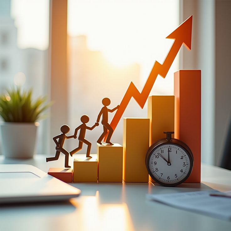 Business growth strategy concept showing increasing graph and team progress toward digital marketing success