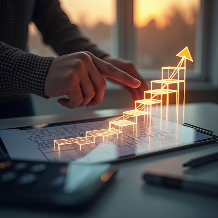 Business growth strategy with upward progress chart and digital marketing success concept